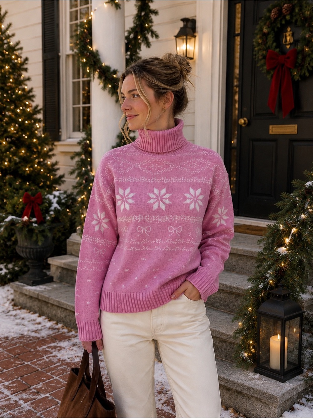 Baby pink bow fair aisle turtleneck sweater size small NWT